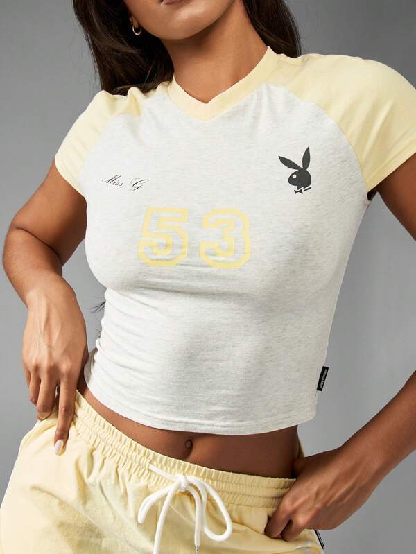 Missguided X Playboy Retro Varsity Y2K Fitted Crop Top With 53 Logo