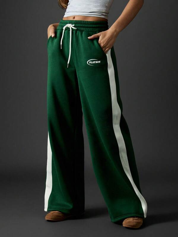 Missguided x Playboy Retro Wide Leg Sweatpants With Side Racing Stripes