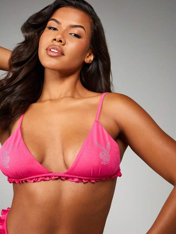 Missguided X Playboy Rhinestone Bralette And Thong With Ruffle Detail