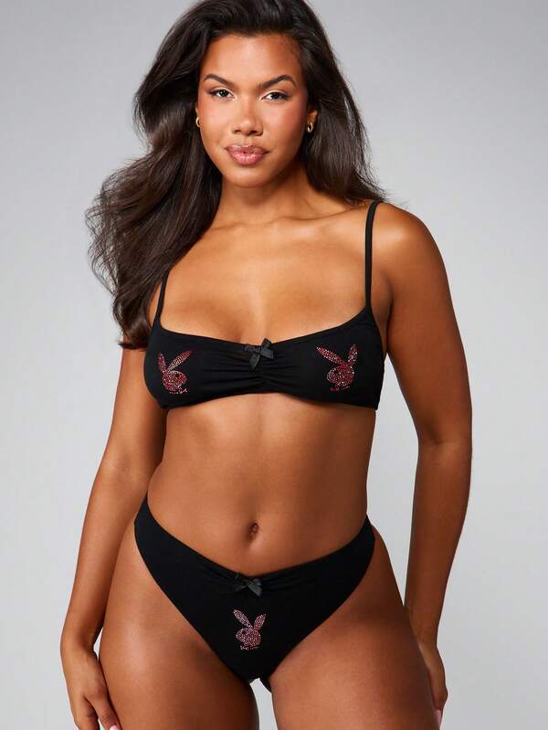 Missguided x Playboy Rhinestone Bunny Bandeau And Thong Set