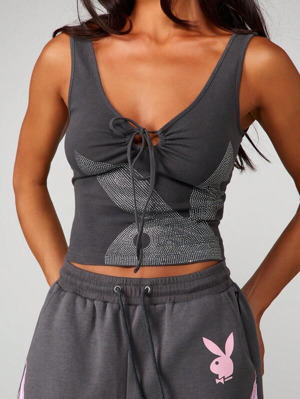 Missguided x Playboy Rhinestone Bunny Tank With Tie Detail