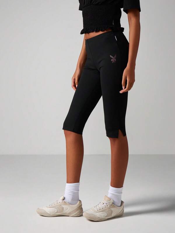 Missguided X Playboy Rhinestone Capri Leggings With Studded Details