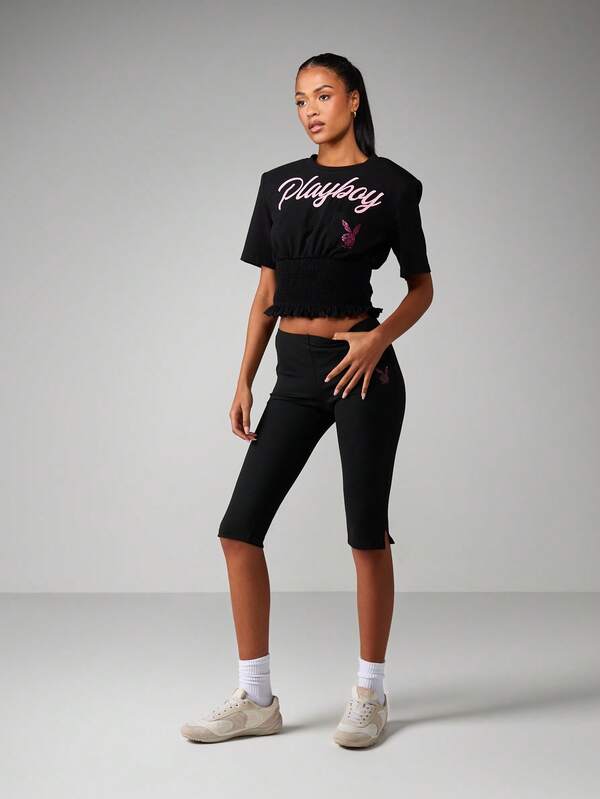 Missguided X Playboy Rhinestone Capri Leggings With Studded Details
