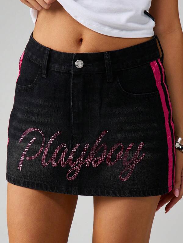 Missguided x Playboy Rhinestone Denim Mini Skirt