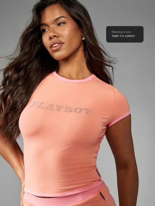 Missguided x Playboy Rhinestone Detail Logo Baby Tee T-Shirt