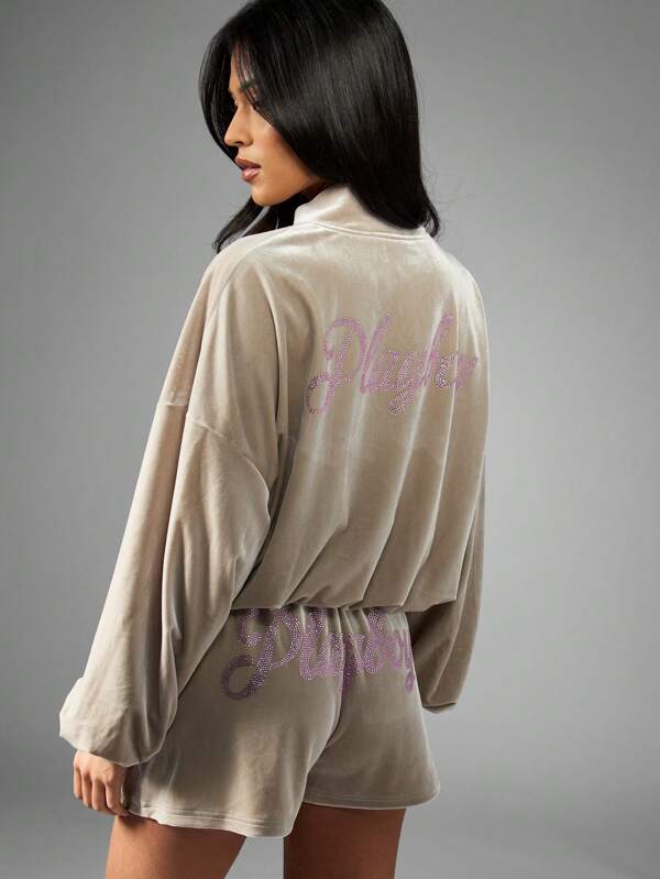 Missguided X Playboy Rhinestone Embellished Velour Bomber Half Zip Lightweight Jacket