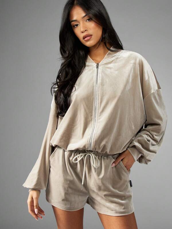 Missguided x Playboy Rhinestone Embellished Velour Bomber Half Zip Lightweight Jacket