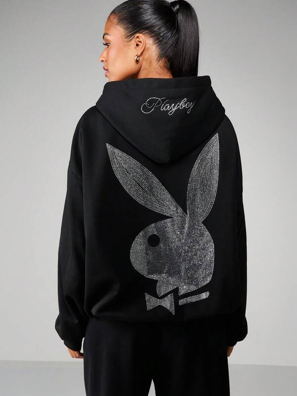 Missguided X Playboy Rhinestone Full Zip Hoodie With Drawstring