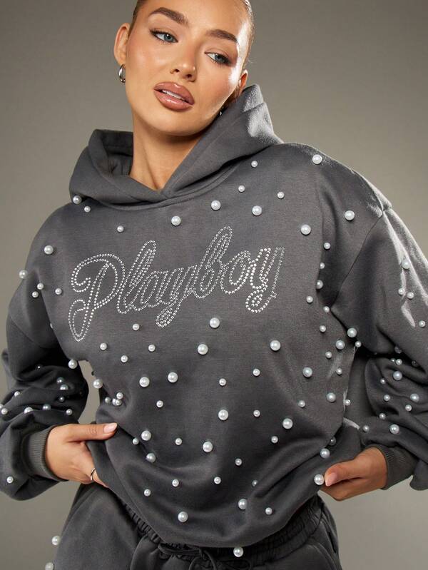 Missguided X Playboy Rhinestone Hoodie With Pearl Details