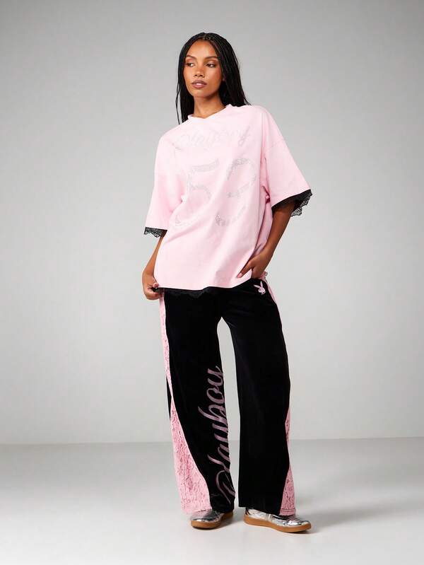 Missguided X Playboy Rhinestone Number T-Shirt With Lace Trim