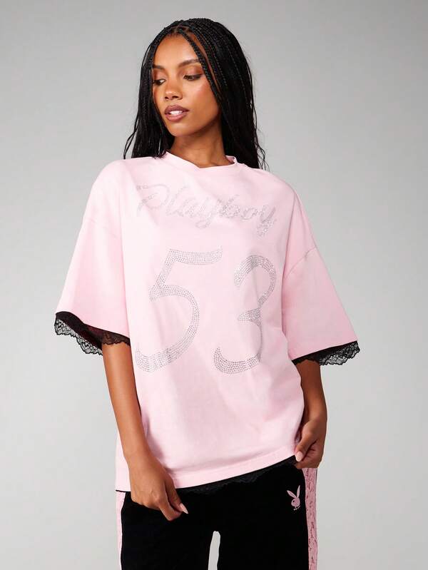 Missguided X Playboy Rhinestone Number T-Shirt With Lace Trim