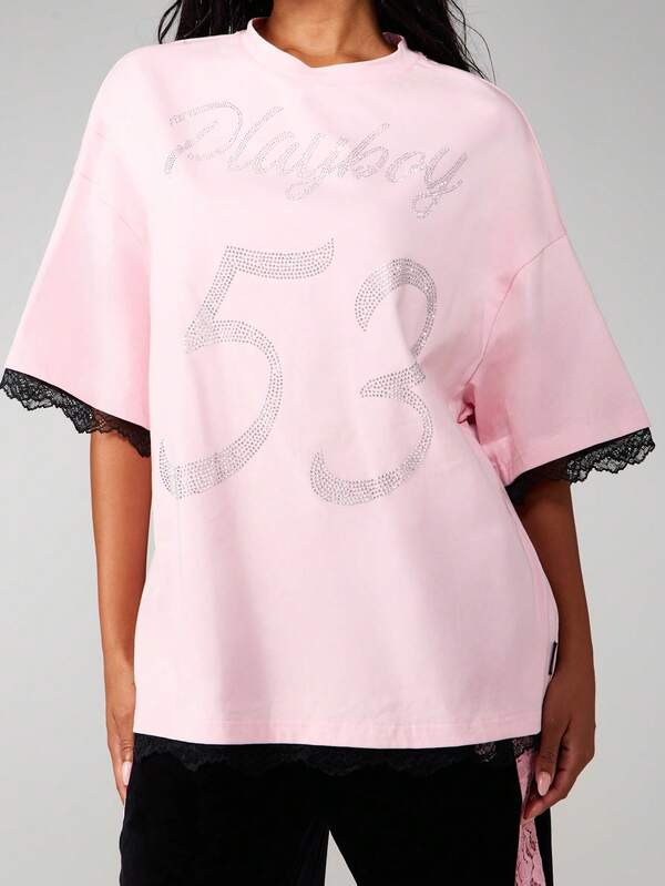 Missguided x Playboy Rhinestone Number T-Shirt With Lace Trim