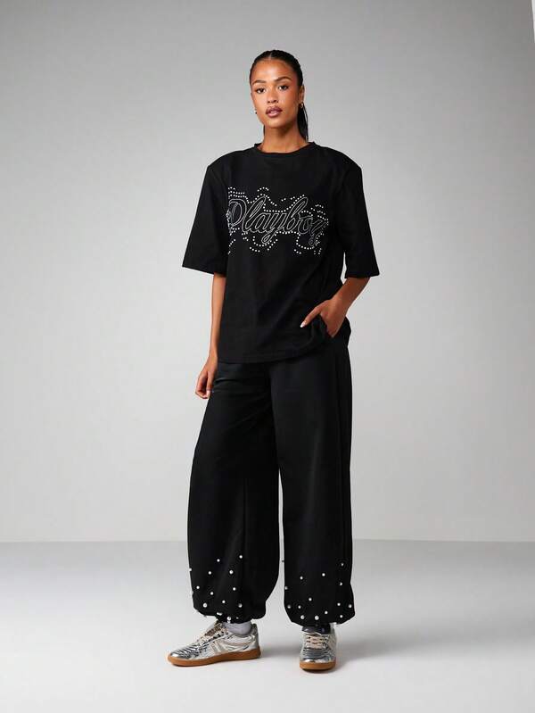 Missguided X Playboy Rhinestone Script Tee With Sparkle Detail