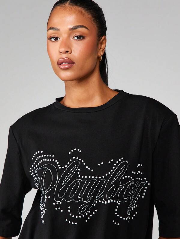 Missguided X Playboy Rhinestone Script Tee With Sparkle Detail