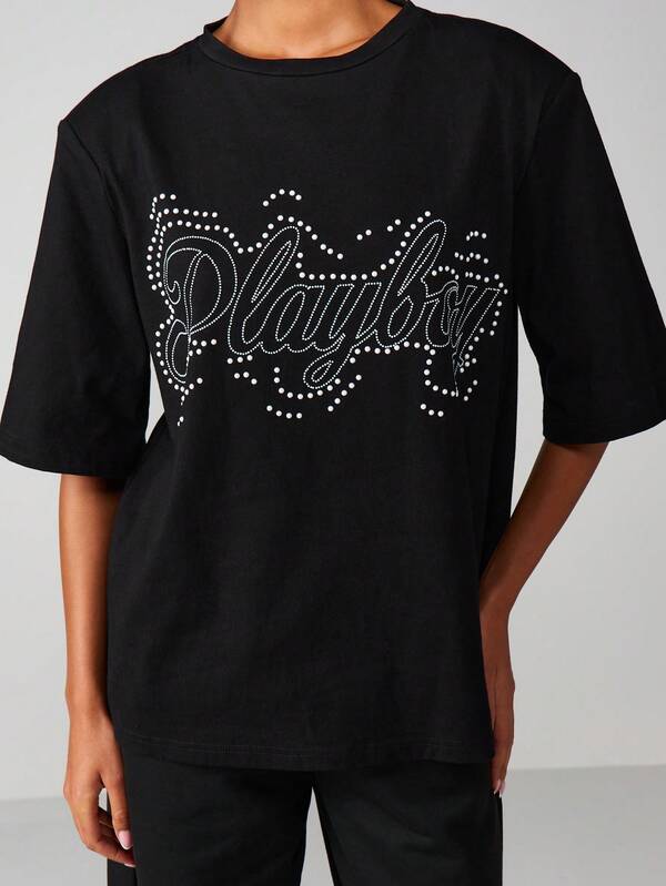 Missguided x Playboy Rhinestone Script Tee With Sparkle Detail