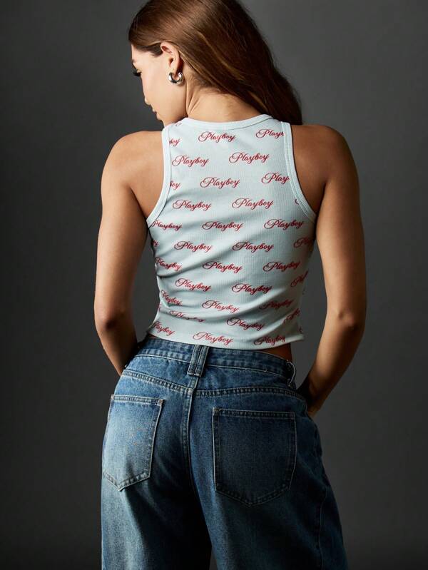 Missguided X Playboy Ribbed Cami Top With Script Pattern