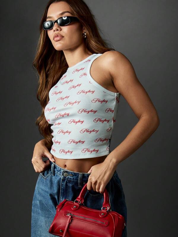 Missguided x Playboy Ribbed Cami Top With Script Pattern