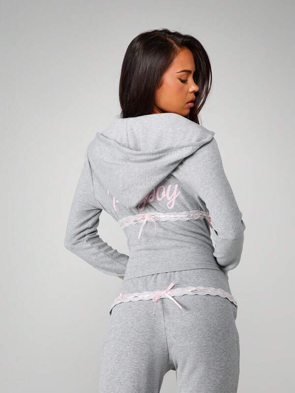 Missguided X Playboy Ribbed Hooded Zip Top With Lace Trim