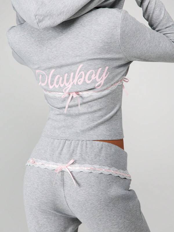 Missguided X Playboy Ribbed Hooded Zip Top With Lace Trim