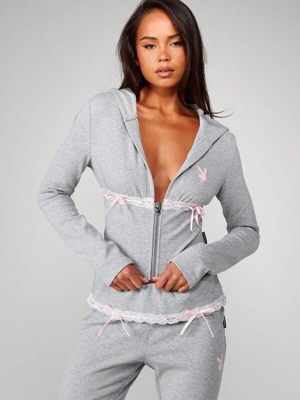 Missguided x Playboy Ribbed Hooded Zip Top With Lace Trim