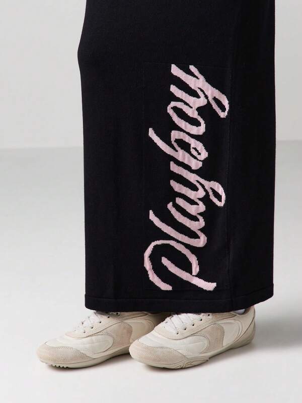 Missguided X Playboy Ribbed Knit Maxi Skirt With Script Print