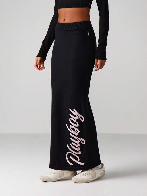 Missguided x Playboy Ribbed Knit Maxi Skirt With Script Print