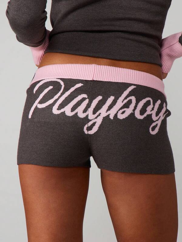 Missguided x Playboy Ribbed Knit Shorts With Pink Contrast