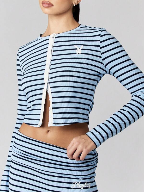 Missguided X Playboy Ribbed Knit Striped Button Front Co-Ord Set