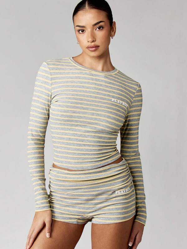 Missguided X Playboy Ribbed Knit Striped Crop Top And Hot Pants Set
