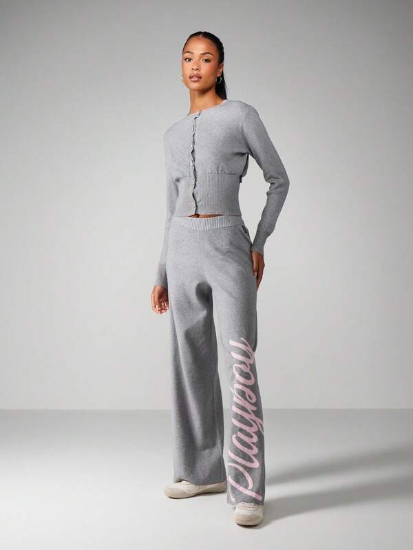 Missguided X Playboy Ribbed Knit Wide Leg Script Print Pants
