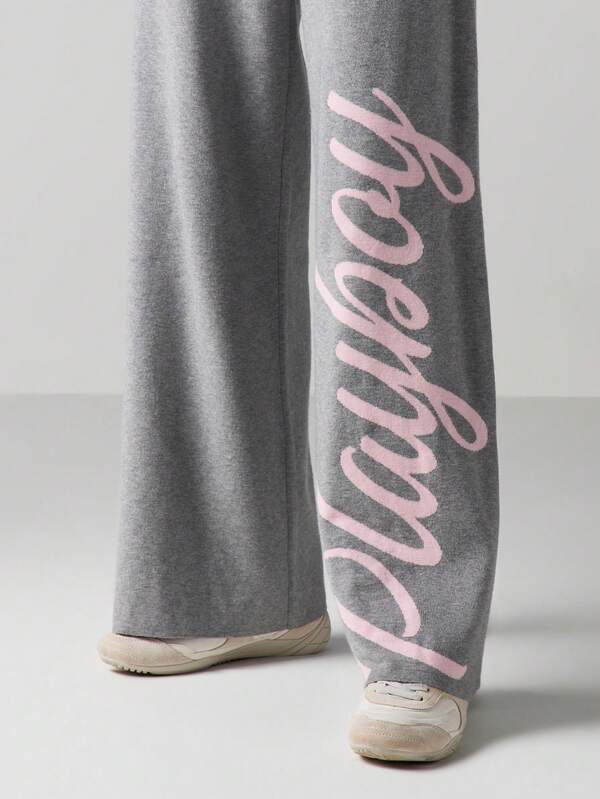 Missguided X Playboy Ribbed Knit Wide Leg Script Print Pants