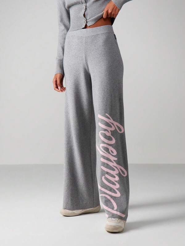 Missguided x Playboy Ribbed Knit Wide Leg Script Print Pants