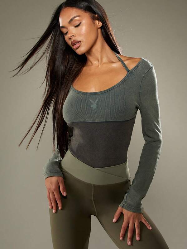 Missguided x Playboy Ribbed Long Sleeve Bodysuit With Halter Detail