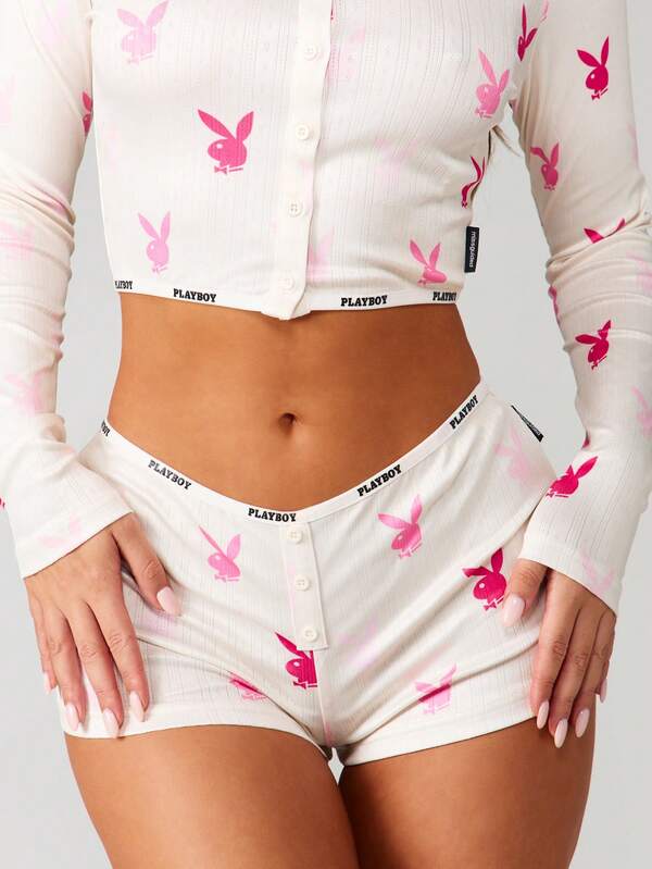Missguided X Playboy Ribbed Long Sleeve Crop Top With Shorts Set