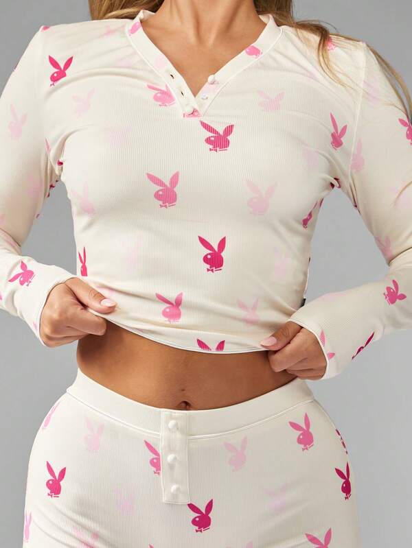 Missguided X Playboy Ribbed Long Sleeve Top With Matching Shorts