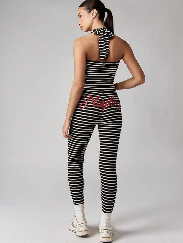 Missguided X Playboy Ribbed Striped Co-Ord With Halter Neck And High Rise Leggings