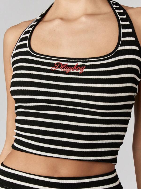 Missguided X Playboy Ribbed Striped Co-Ord With Halter Neck And High Rise Leggings