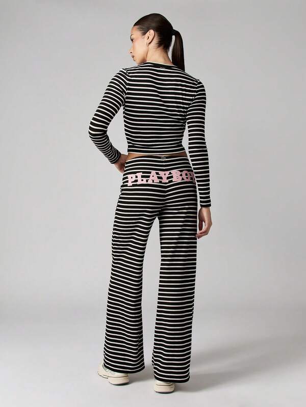 Missguided X Playboy Ribbed Striped Long Sleeve Top With Flared Pants