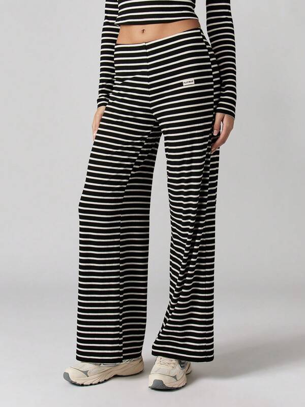 Missguided X Playboy Ribbed Striped Long Sleeve Top With Flared Pants