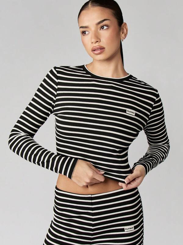 Missguided X Playboy Ribbed Striped Long Sleeve Top With Flared Pants