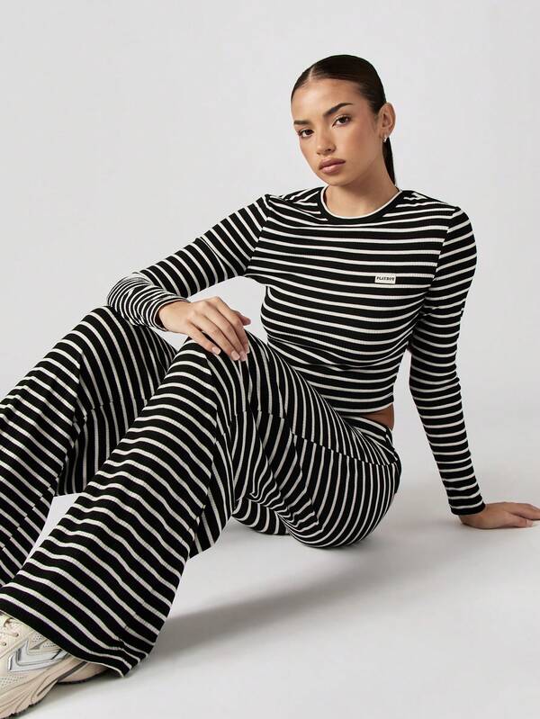 Missguided x Playboy Ribbed Striped Long Sleeve Top With Flared Pants