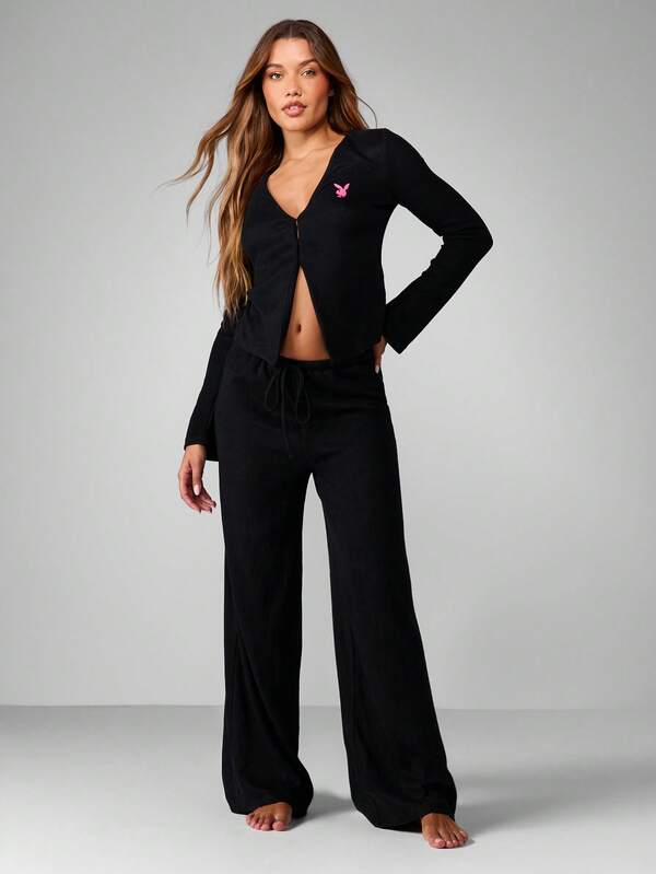 Missguided X Playboy Ribbed V-Neck Cardigan With Wide Leg Pants