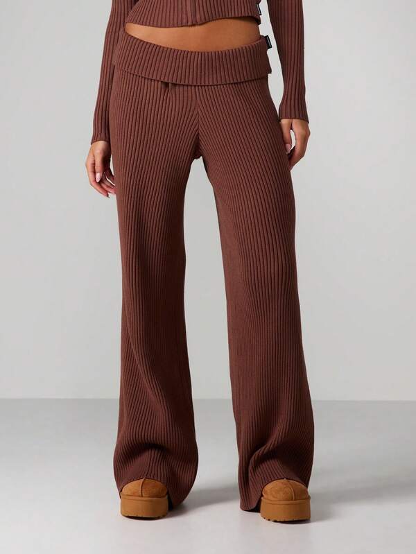 Missguided X Playboy Ribbed Wide Leg Pants With Fold Over Waistband