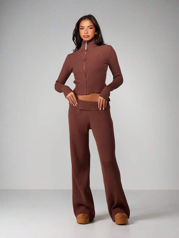 Missguided X Playboy Ribbed Wide Leg Pants With Fold Over Waistband