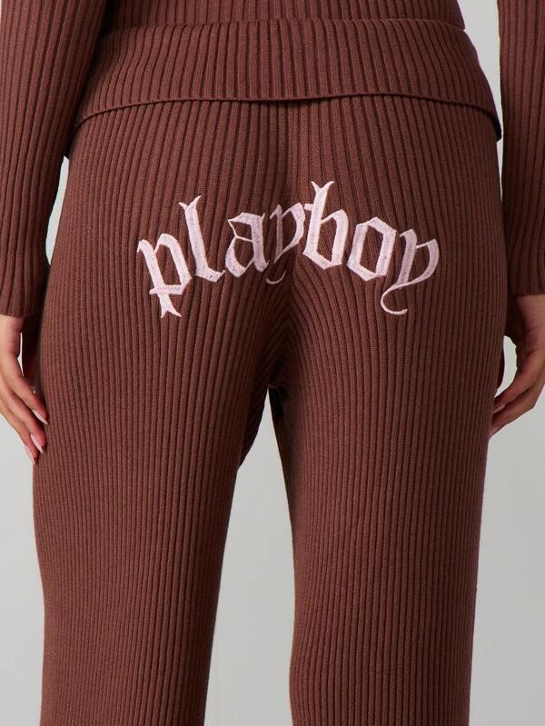 Missguided X Playboy Ribbed Wide Leg Pants With Fold Over Waistband