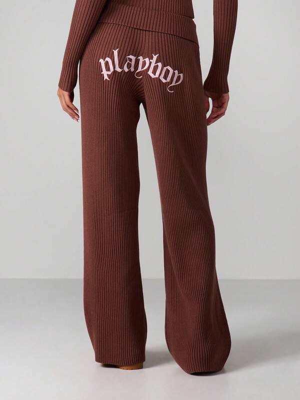 Missguided x Playboy Ribbed Wide Leg Pants With Fold Over Waistband