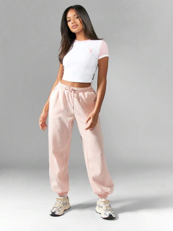 Missguided X Playboy Ringer Baby Tee Short Sleeve Fitted Crop Top Basic T-Shirt