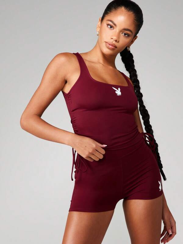 Missguided X Playboy Ruched Sports Shorts With Print