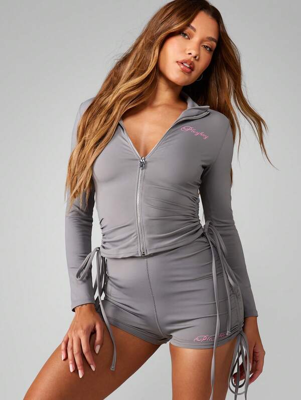 Missguided x Playboy Ruched Zip Jacket And Shorts Set