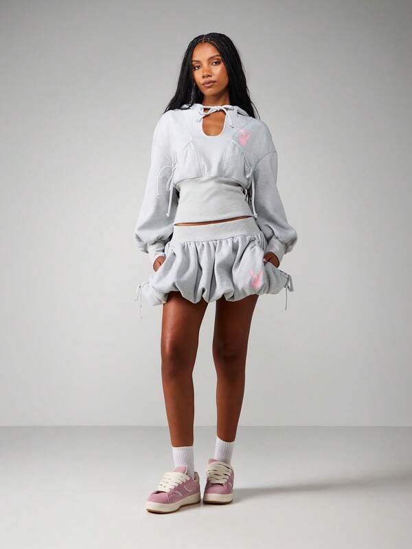 Missguided X Playboy Ruffle Hem Drawstring Shorts With Pink Logo
